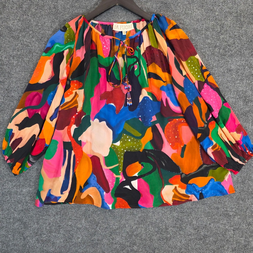 La Fuori Blouse Womens XL Multicolor Silk Beaded Tie Neck Long Sleeve